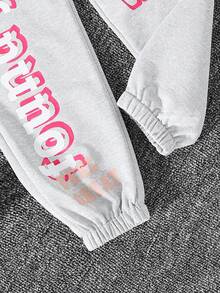 SHEIN Explorewe Cô gái Tween Teddy Gấu & Lá thư In Hoodie Và Quần Chạy bộ - Màu Xám nhạt - Xem 3