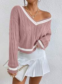 Chiquease 条纹饰边麻花针织落肩板球毛衣，长袖针织套头衫秋冬毛衣 - 藕粉色 - 查看 4
