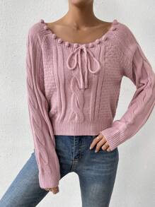 SHEIN LUNE Áo len chui đầu tay raglan buộc dây phía trước với chi tiết quả bông trang trí, thích hợp cho mùa thu đông. - Hồng - Xem 3