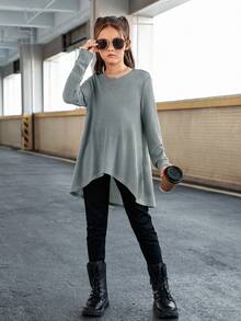 SHEIN Cô gái Tween Chất rắn Hem cao thấp Áo thun - Màu xanh Bạc hà - Xem 5