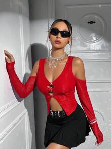 SHEIN ICON 挖肩前鏤空不對稱下擺T恤 - 紅色 - 查看 4