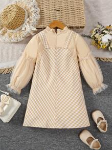 SHEIN 幼兒女童淑女風格2合1長袖格紋連衣裙,適用於秋冬季節 - 黃色 - 查看 2