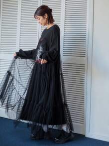 FRIFUL Cartoon Character Print Mesh Splicing Women's Dress,Ruffle,Fall Dress - Black - View 7