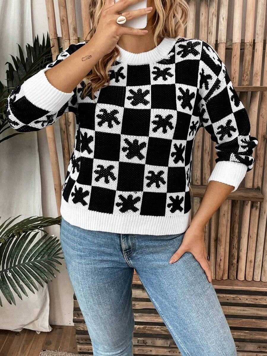 SHEIN LUNE 格纹图案落肩针织套头衫，适合秋冬季穿着 - 黑與白 - 查看 1