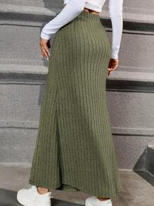 SHEIN Essnce High Waist Button Detail Split Thigh Fake Button Ribbed Knit Skirt