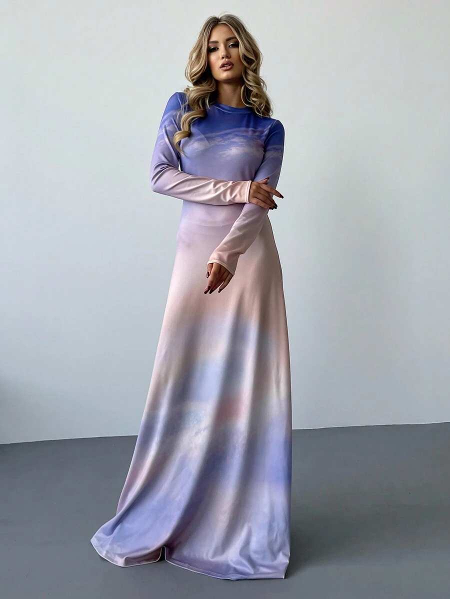 SHEIN Privé Ombre Print Maxi Dress - Multicolor - View 1