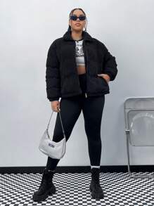 SHEIN EZwear 加大拉链灯芯绒夹棉大衣 - 黑色 - 查看 7