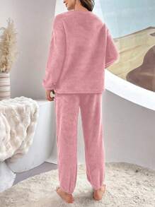 Letter Embroidery Drop Shoulder Flannel Top & Pants Lounge Set Cozy Outfit, Fall Winter Clothes, Fluffy - Pink - View 2