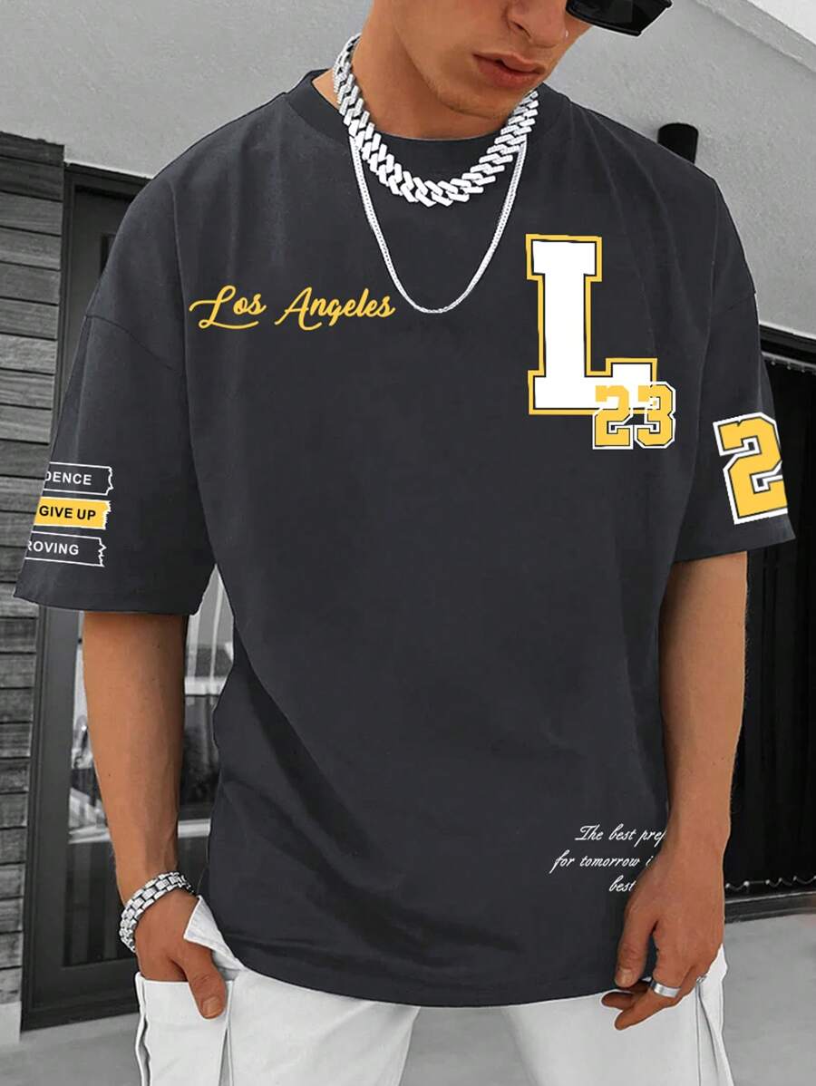 Manfinity EMRG 寬鬆版型男士標語圖案下垂肩t卹 - 深灰色 - 查看 1