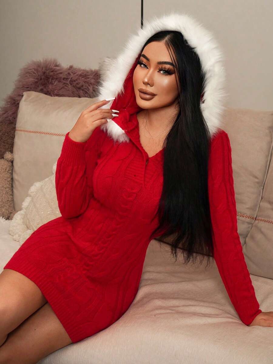 SHEIN SXY Của phụ nữ Xoắn Dan áo có mũ Đầm Áo len Với 	
Fuzzy Chi tiết - Đỏ - Xem 1