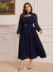 Modelyn 女款大尺寸鏤空結領燈籠袖連身裙 - 藏蓝色 - 查看 5