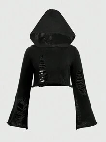 Fairycore 大碼素色鐘形袖破洞連帽短款毛衣 - 黑色 - 查看 1