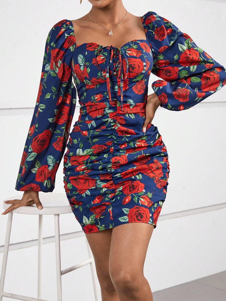 SHEIN Privé Vải in hoa Nút phía trước Xù Váy bodycon - Màu xanh hải quân - Xem 1