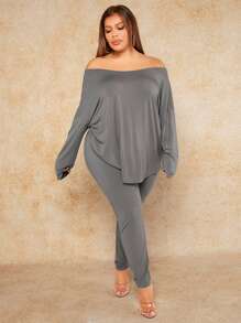 Shein Sxy 女士露肩交叉領口純色加大尺寸兩件式女裝 - 灰色 - 查看 6