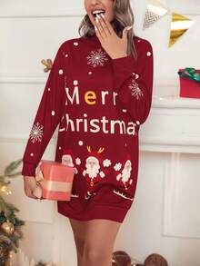 SHEIN LUNE 聖誕圖案落肩袖連帽衛衣裙 - 酒紅色 - 查看 7