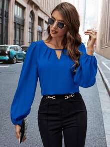 Women's Solid Color Keyhole Neck Lantern Sleeve Elegant Blouse Spring Summer Elegant Vacation Casual - Royal Blue - View 7