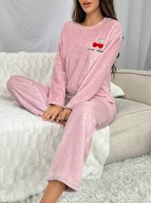 Women's Cherry & Letter Embroidery Pajama Set - Pink - View 1