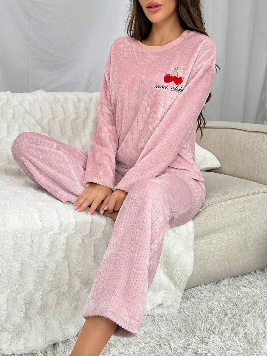 Women's Cherry & Letter Embroidery Pajama Set - Pink - View 1