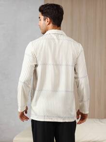 Men Striped Print Pocket Patched Sleep Top - Beige - View 2