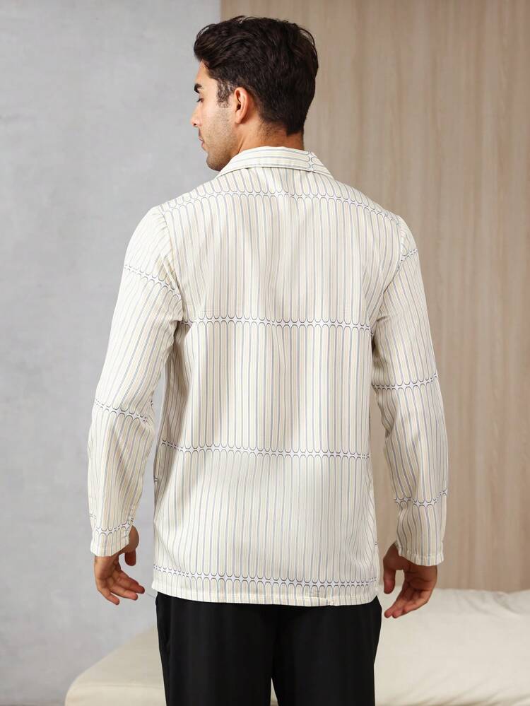 Men Striped Print Pocket Patched Sleep Top