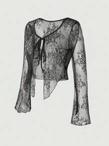 VaVaBold Lace Flower Long Sleeve Blouse - Black - View 3