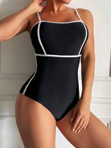 SHEIN Swim 女士撞色邊框性感連身泳衣 - 黑色 - 查看 3