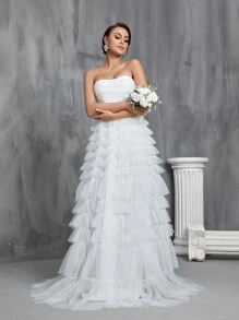 Ruched Layered Ruffle Hem Mesh Tube Wedding Dress - White - View 4