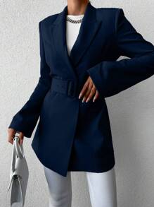 SHEIN Cottnline Women's Solid Color Lapel Collar Belted Suit Jacket - Navy Blue - View 4