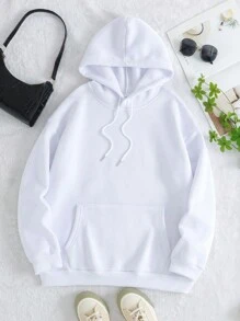 SHEIN EZwear 加大码蝴蝶标语图案抽绳保暖内衬卫衣 - 白色 - 查看 2