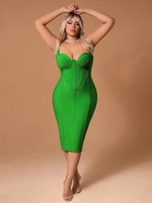 SHEIN SXY Plus Birthday Outfit Spring Clothes Bustier  Bodycon Cocktail Party Midi Bandage Dress - Green - View 4