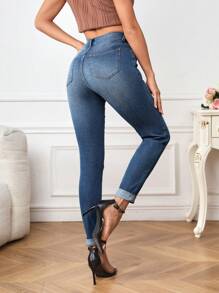 SHEIN Privé damer Mager Jeans - Mörktvätt - Visa 1