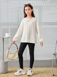 SHEIN 女大童素色落肩袖下擺開叉套頭衫 - 杏色 - 查看 6