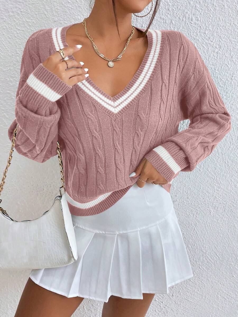 Chiquease 条纹饰边麻花针织落肩板球毛衣，长袖针织套头衫秋冬毛衣 - 藕粉色 - 查看 1