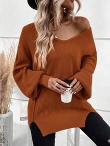 SHEIN LUNE 落肩袖下擺開叉套頭毛衣 - 橘色 - 查看 4