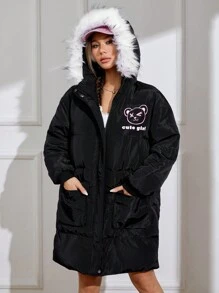 SHEIN EZwear Cartoon Pattern Hooded Padded Coat - Black - View 6