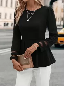 Editum 網紗拼接荷葉邊下擺T恤