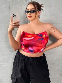 Flirla Talla grande Top tubo crop con estampado de dibujo de espalda abierta con cordón