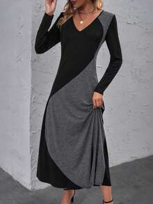 SHEIN LUNE Khối màu Cổ v Đầm - Màu xám đen - Xem 3