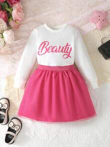 SHEIN Cô Gái Trẻ Đồ họa Chữ cái Áo nỉ & Lớp phủ lưới Váy - trắng - Xem 6