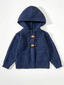 SHEIN Young Boy Dual Pocket Hooded Duffle Cardigan - Navy Blue - View 1