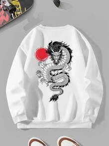 男士龍圖案加絨內裏運動衫 - 白色 - 查看 1