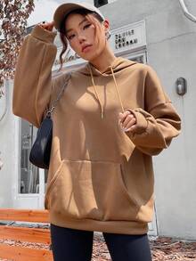 SHEIN Unity Women's Casual Solid Color Hooded Fleece Sweatshirt With Drawstring - Brown - View 4