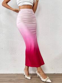 SHEIN Privé 漸層褶邊高衩側收褶半身裙 - 彩色 - 查看 4