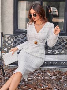 優雅腰帶 開衩 交叉格子女士連衣裙 - 白色 - 查看 5