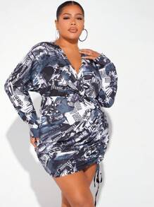 Maweii Hơn In Toàn bộ Bên dây rút tay cánh Đầm - màu đen - Xem 3