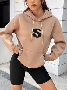 SHEIN Unity 字母圖案袋鼠口袋落肩袖抽繩連帽衫 - 杏色 - 查看 3