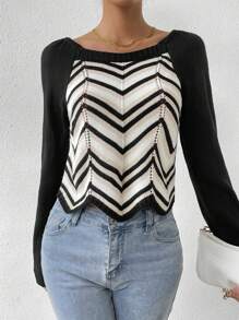 SHEIN LUNE Chevron Pattern Raglan Sleeve Scallop Trim Sweater - Black - View 1