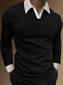Manfinity Homme Camisa polo de manga larga con bloque de color para hombre, cuello para salida casual del marido