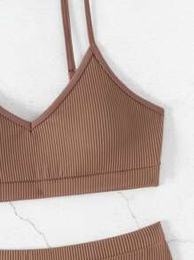SHEIN Swim Women's Two Pieces Ribbed Bikini Set With Hollow Out Back Carnival Summer Beach - Coffee Brown - View 5