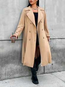 Flirla Hơn Đôi ngực Thắt lưng Áo khoác Trench - Màu Khaki - Xem 4